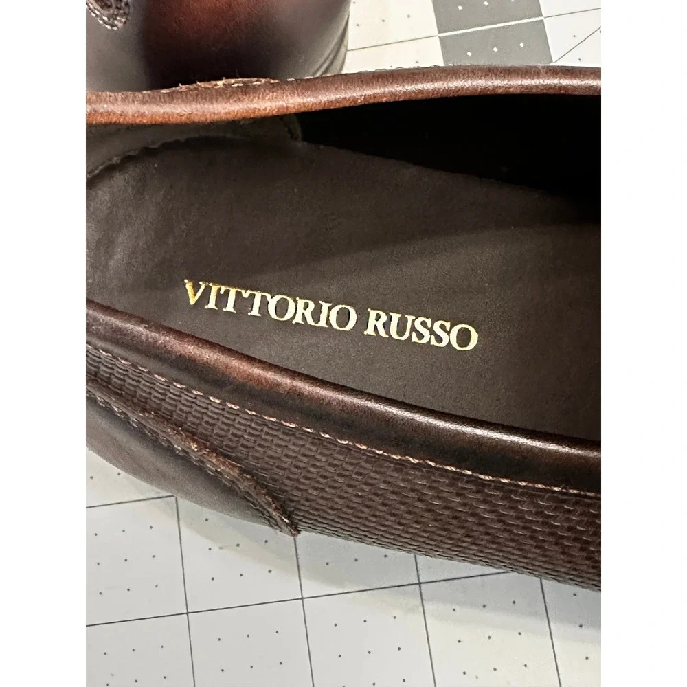Vittorio Russo Men's Brown Leather Woven Texture Dress Loafer Shoes‎ Size 10.5